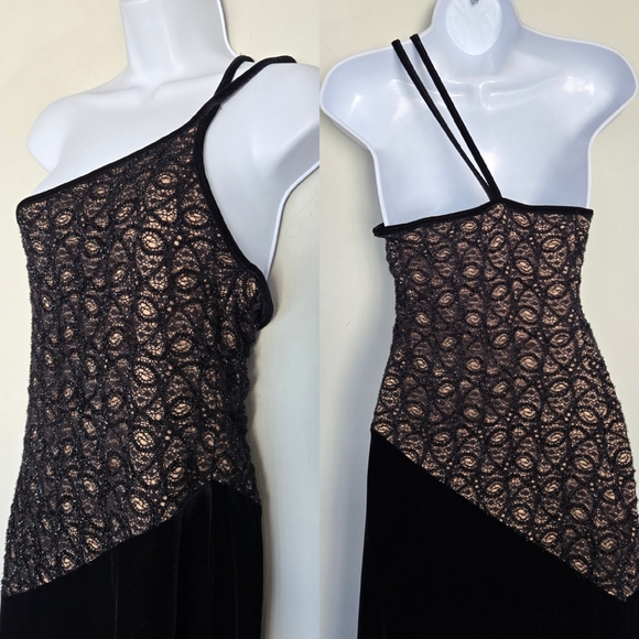 Vtg 90s Black Velvet Asymmetrical Maxi Dress Womens M Formal Whimsigoth Cocktail - Picture 2 of 10